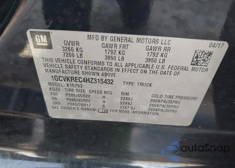 2017 Chevrolet Silverado 1500 2Lt z USA, uszkodzony, nr VIN 1GCVKREC4HZ315432